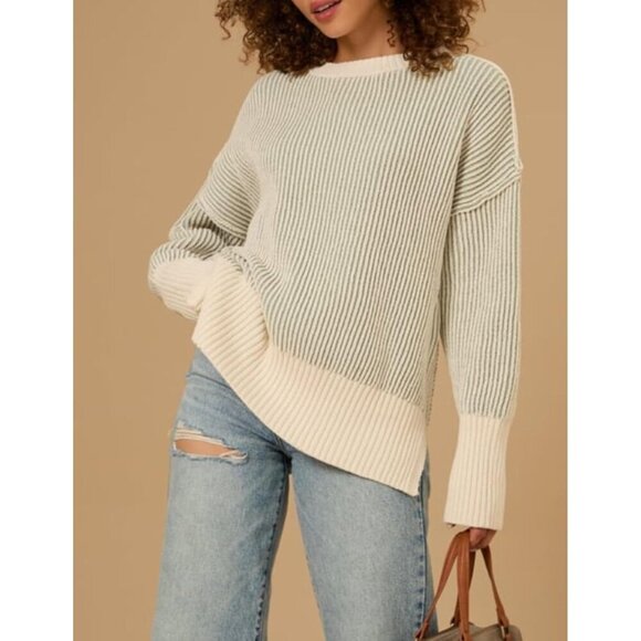 Women Fall Lightweight Oversized Crew Neck Sweater Long Sleeve Color Block - Picture 3 of 5